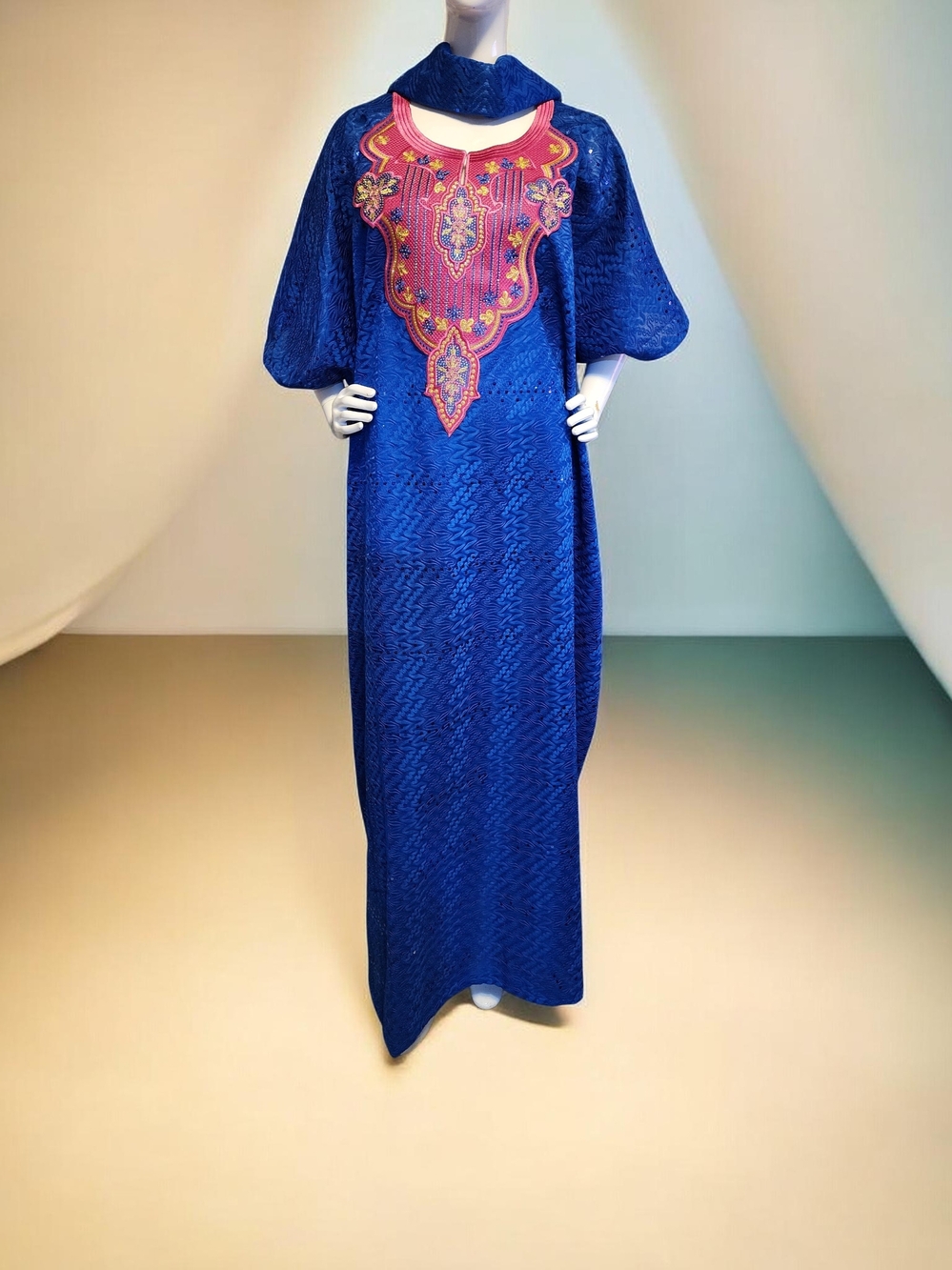 Embroidered Blue Maxi Dress with Pink Accent
